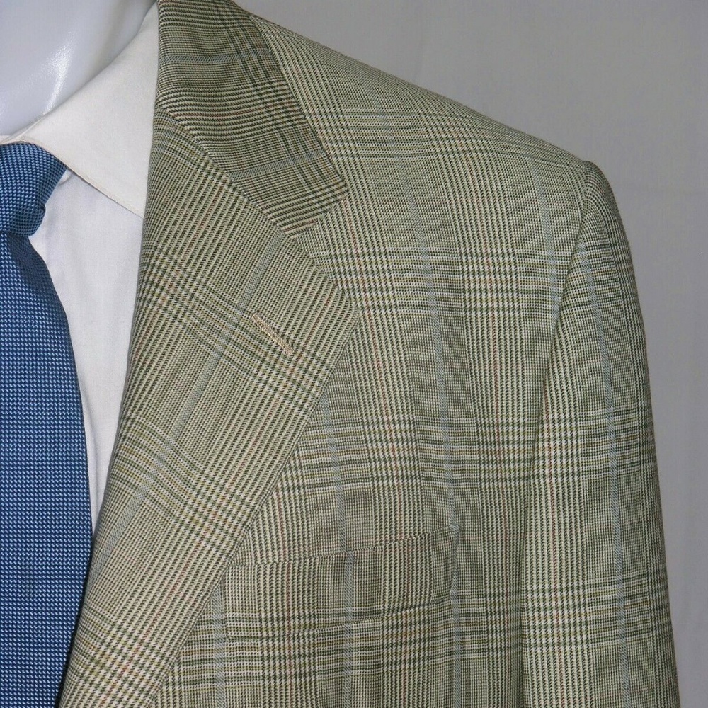 Luciano Barbera x St. Andrews Cream & Green Plaid Three Button Sport Coat 44R